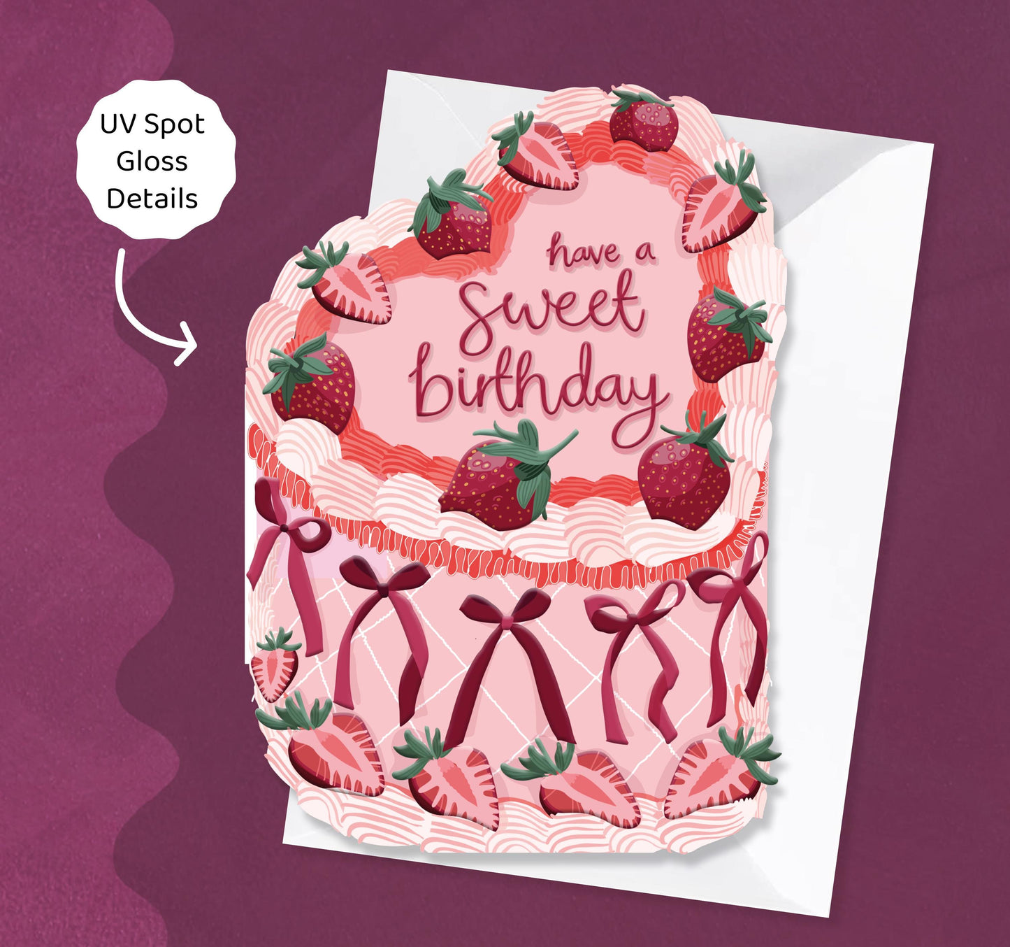 Sweet Birthday - Heart Vintage Cake Shaped Greeting Card with Bows and Strawberries