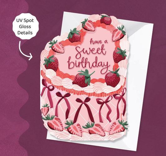 Sweet Birthday - Heart Vintage Cake Shaped Greeting Card with Bows and Strawberries