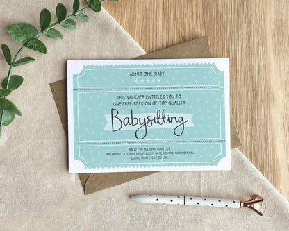 Babysitting Voucher Card - New Baby or First Birthday Greeting Card - Baby Shower Blue version