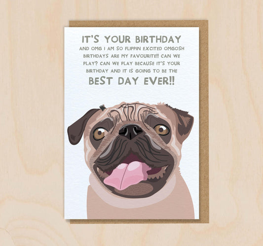 Birthday Card From The Dog - Pug Cream -  Funny Greeting Card For Dog Mum Dad Lover Owner