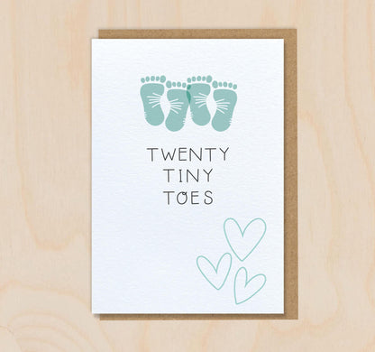 Twenty Tiny Toes - Boys - New Baby Twins Footprints Greeting Card - Baby Shower