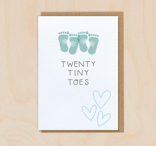 Twenty Tiny Toes - Boys - New Baby Twins Footprints Greeting Card - Baby Shower
