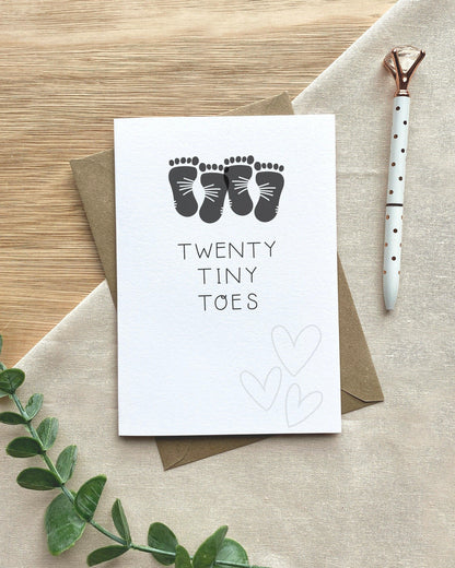 Twenty Tiny Toes - New Baby Twins Footprints Greeting Card - Baby Shower