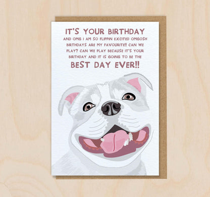 Birthday Card From The Dog - Staffy White - Funny Greeting Card For Dog Mum Dad Lover Owner