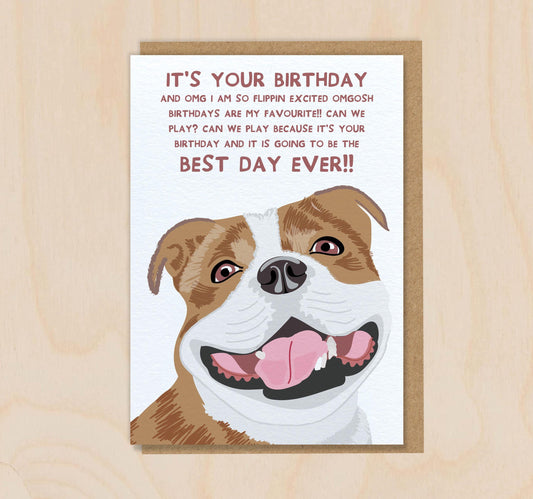Birthday Card From The Dog - Staffy Tan - Funny Greeting Card For Dog Mum Dad Lover Owner