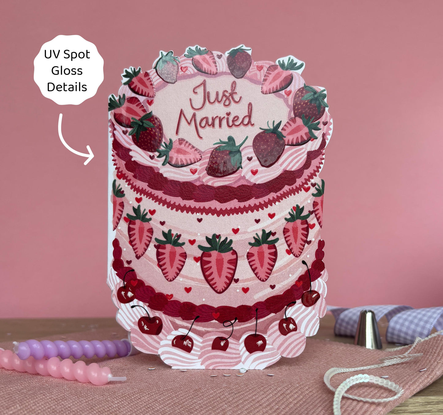Just Married - Vintage Wedding Strawberry Fruit Cake Shaped Greeting Card