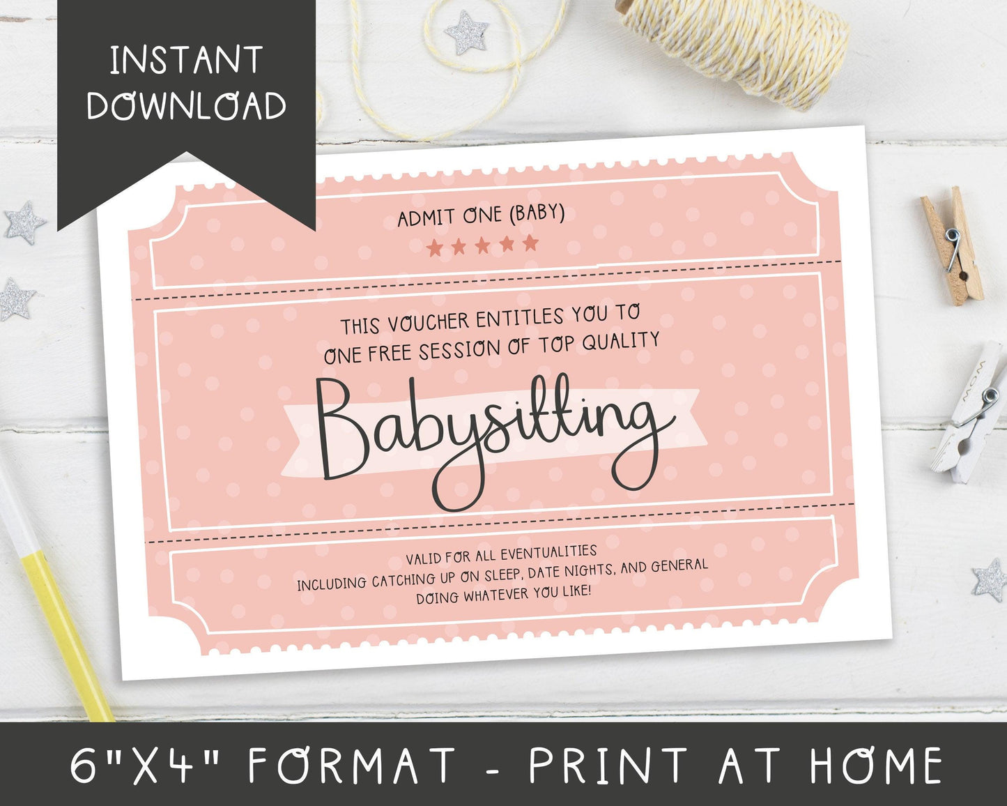Babysitting Voucher 6x4" Instant Digital Download - New Baby or First Birthday Greeting Card - Baby Shower