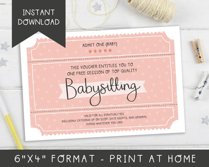 Babysitting Voucher 6x4" Instant Digital Download - New Baby or First Birthday Greeting Card - Baby Shower