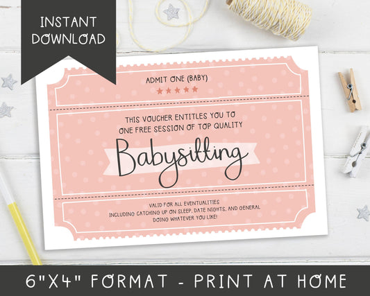 Babysitting Voucher 6x4" Instant Digital Download - New Baby or First Birthday Greeting Card - Baby Shower