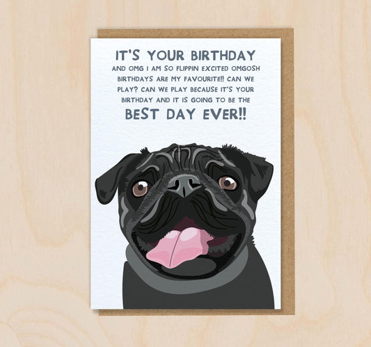 Birthday Card From The Dog - Pug Black -  Funny Greeting Card For Dog Mum Dad Lover Owner